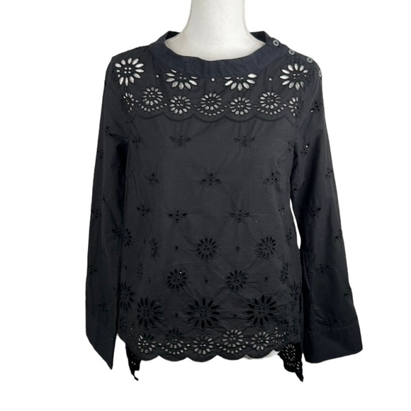 J. Crew Black Eyelet Long Sleeve High Low Top Size 0 - Picture 1 of 8
